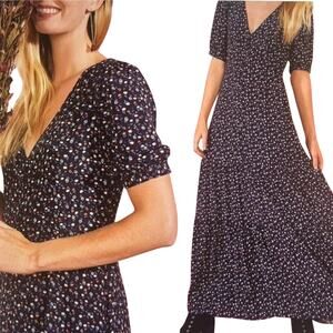 Modcloth Ditsy Floral Maxi Dress V Neck Puff Sleeve Tiered Skirt Black Red Large